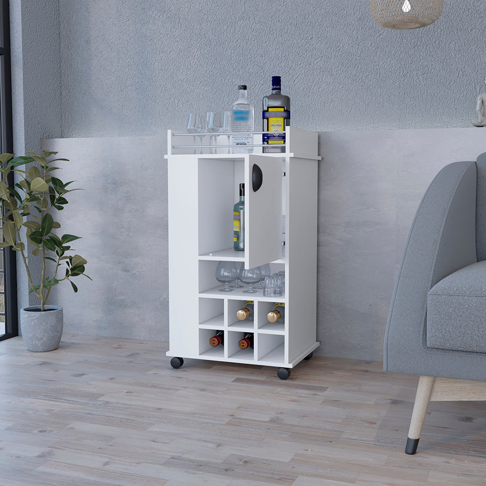 Reese Bar Cart with casters, featuring six wine cubbies and a single door, elegantly designed in white manufactured wood.