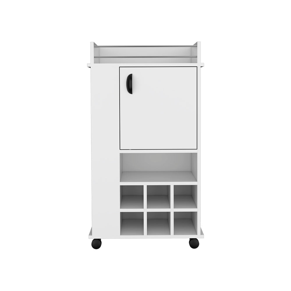 Reese Bar Cart with casters, featuring six wine cubbies and a single door, elegantly designed in white manufactured wood.