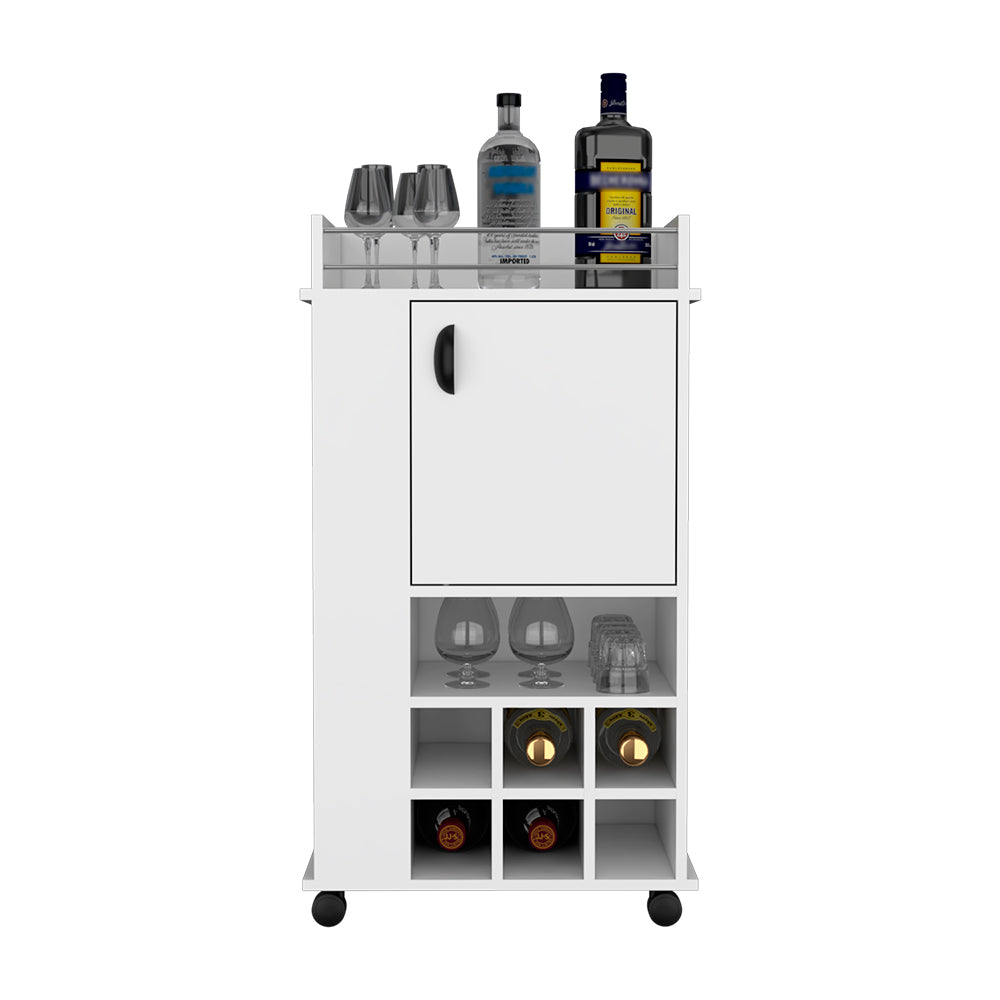 Reese Bar Cart with casters, featuring six wine cubbies and a single door, elegantly designed in white manufactured wood.