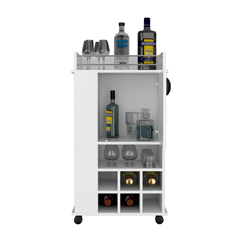 Reese Bar Cart with casters, featuring six wine cubbies and a single door, elegantly designed in white manufactured wood.