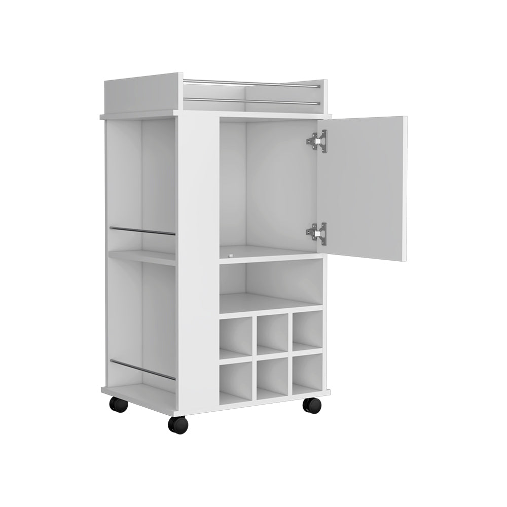 Reese Bar Cart with casters, featuring six wine cubbies and a single door, elegantly designed in white manufactured wood.