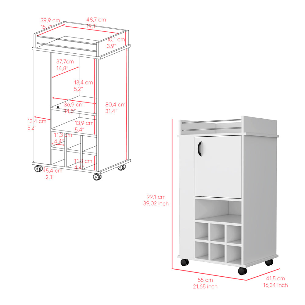 Reese Bar Cart with casters, featuring six wine cubbies and a single door, elegantly designed in white manufactured wood.