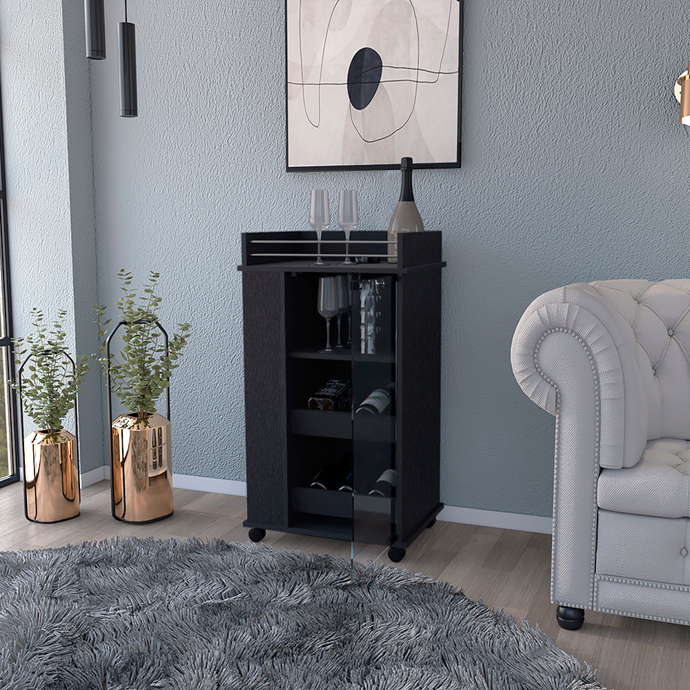 Beaver Bar Cart with glass door and two side shelves, showcasing organized bottles and glassware.