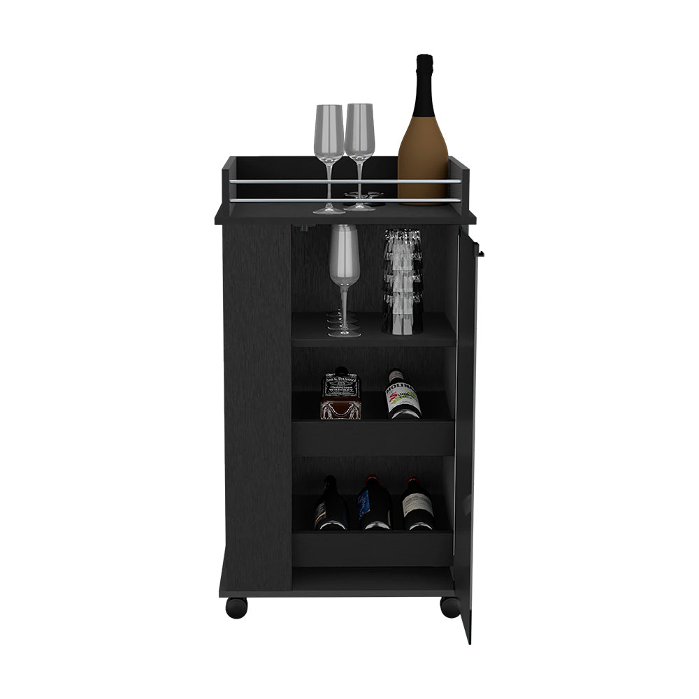 Beaver Bar Cart with glass door and two side shelves, showcasing organized bottles and glassware.