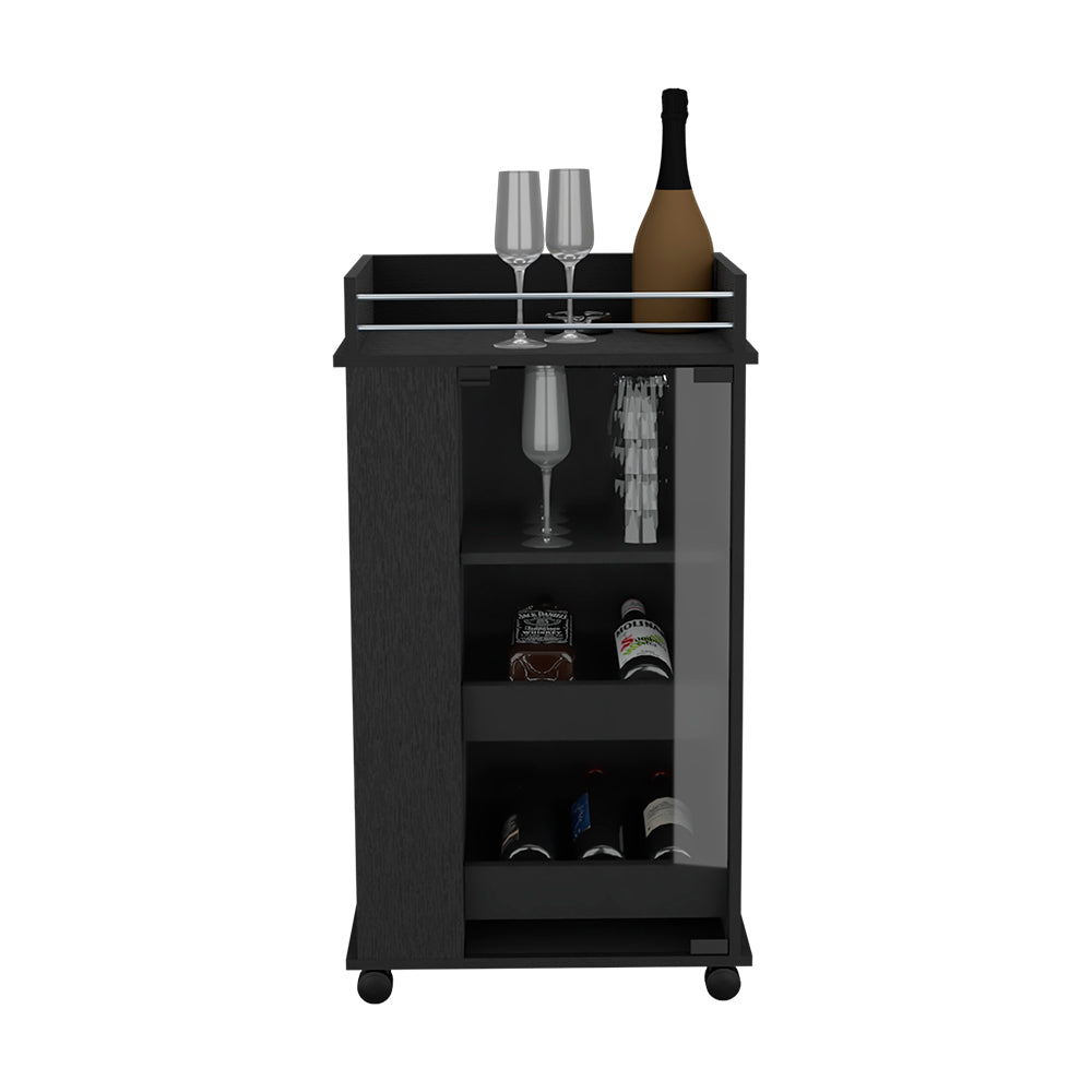 Beaver Bar Cart with glass door and two side shelves, showcasing organized bottles and glassware.