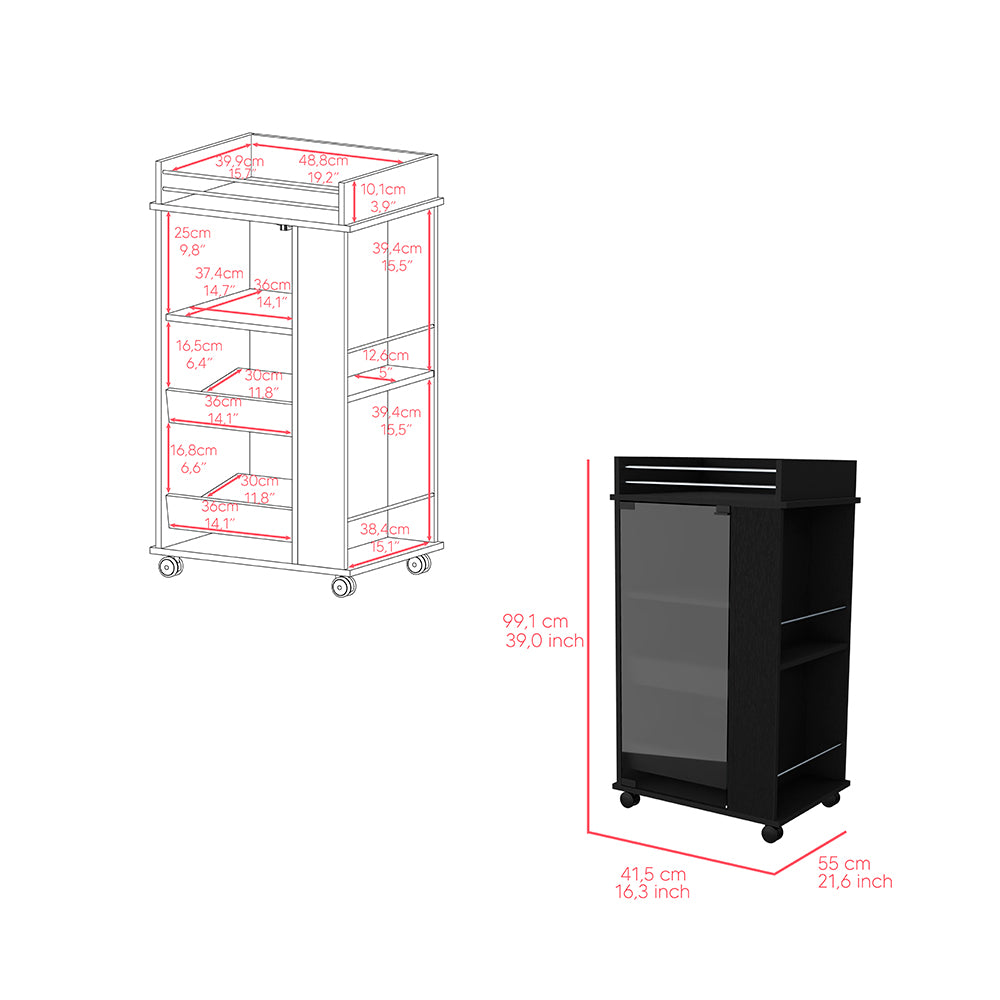 Beaver Bar Cart with glass door and two side shelves, showcasing organized bottles and glassware.