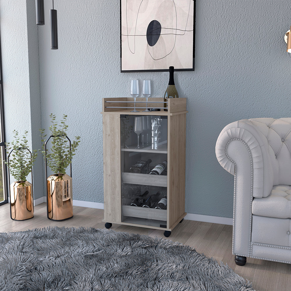 Beaver Bar Cart with two-side shelves, glass door, and light gray finish, showcasing drinks and glassware.