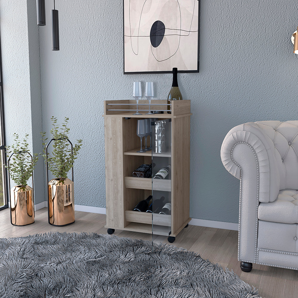 Beaver Bar Cart with two-side shelves, glass door, and light gray finish, showcasing drinks and glassware.