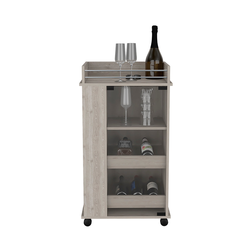 Beaver Bar Cart with two-side shelves, glass door, and light gray finish, showcasing drinks and glassware.