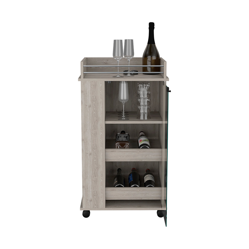 Beaver Bar Cart with two-side shelves, glass door, and light gray finish, showcasing drinks and glassware.