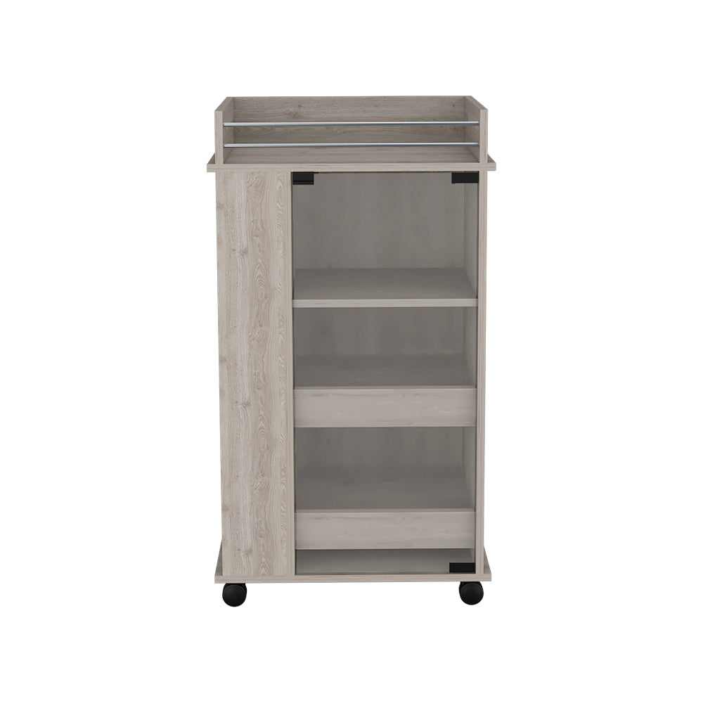 Beaver Bar Cart with two-side shelves, glass door, and light gray finish, showcasing drinks and glassware.