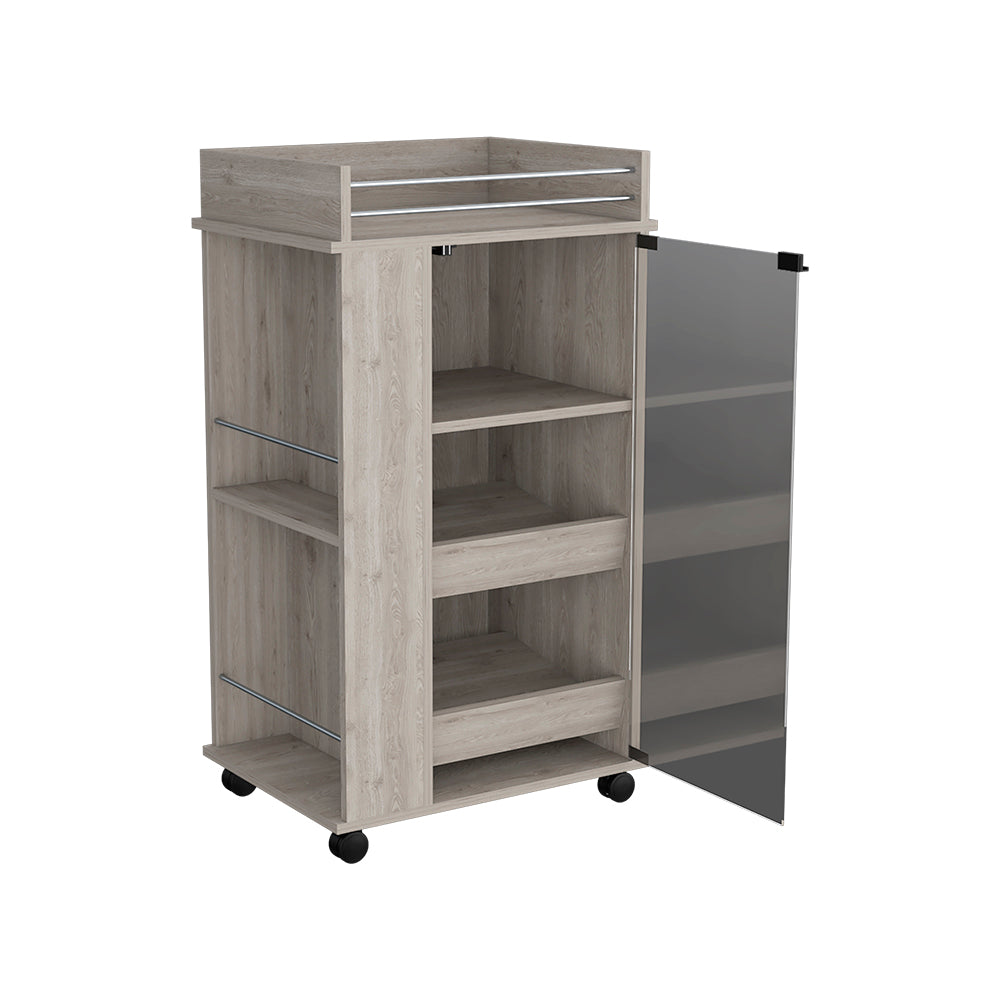 Beaver Bar Cart with two-side shelves, glass door, and light gray finish, showcasing drinks and glassware.