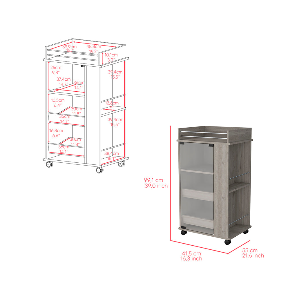 Beaver Bar Cart with two-side shelves, glass door, and light gray finish, showcasing drinks and glassware.