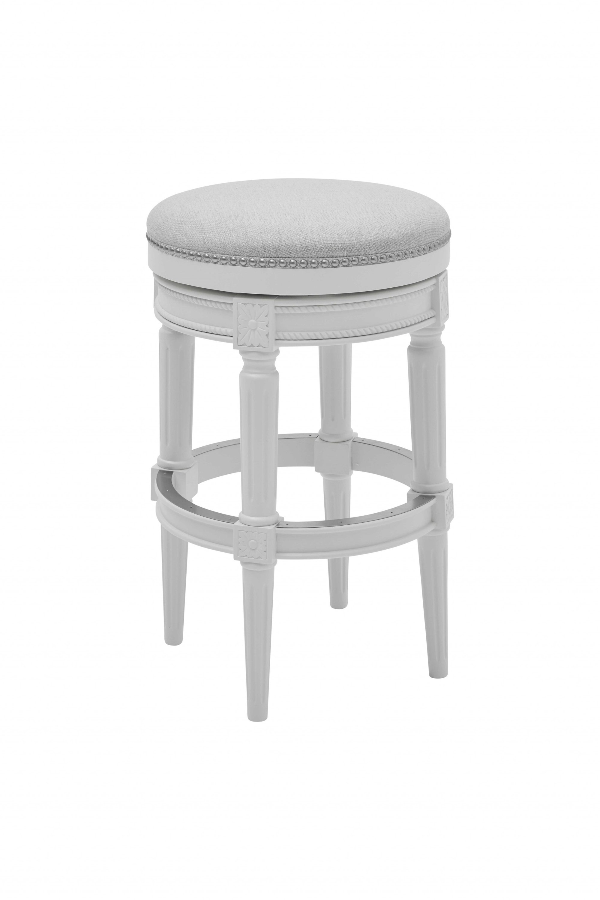 Bar Height Round Backless Stool in White Fabric, featuring a sleek design and full swivel seat, perfect for modern and rustic interiors.