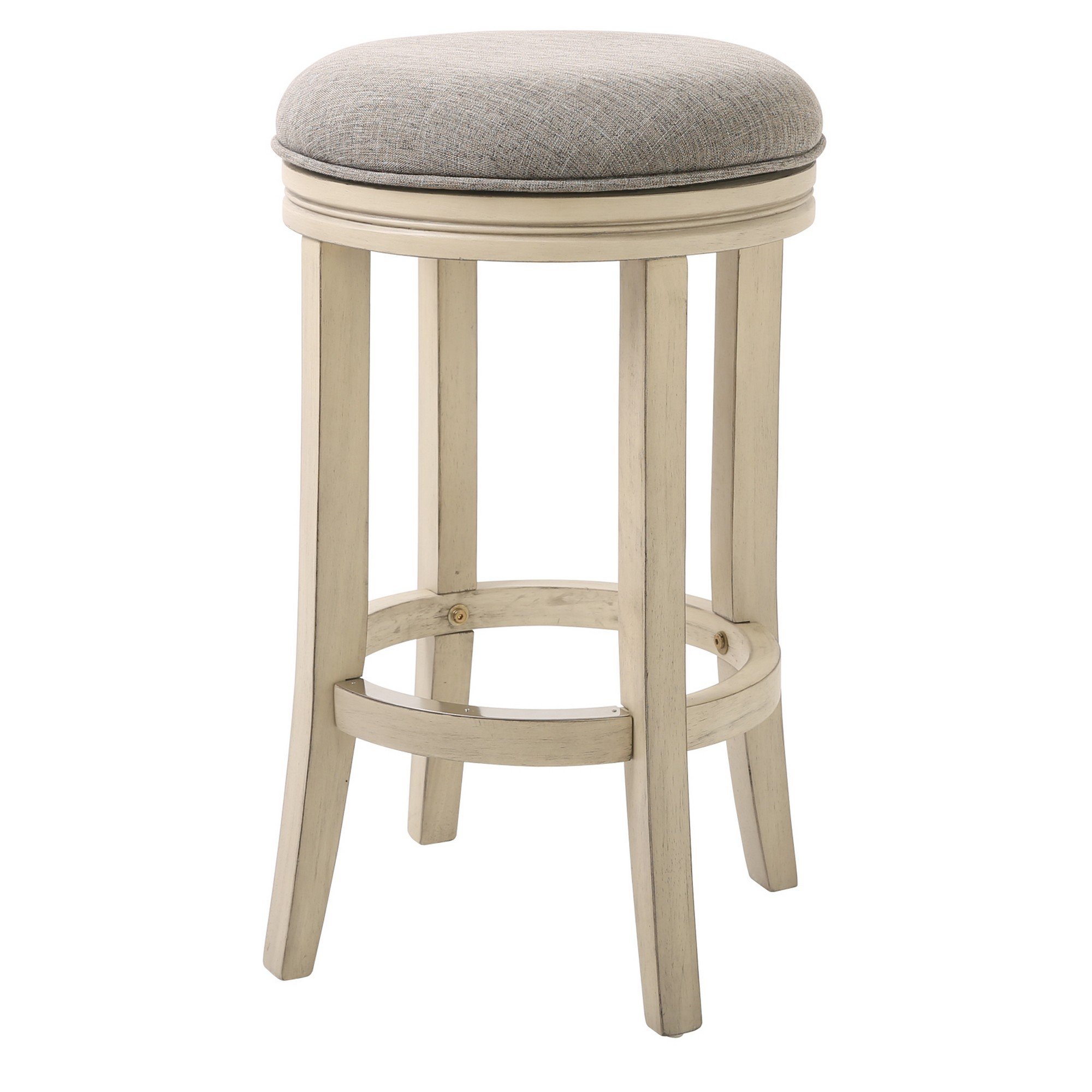 Bar Height Round Swivel Solid Wood Stool in Distressed Ivory, featuring a comfortable upholstered seat and sturdy wooden frame.