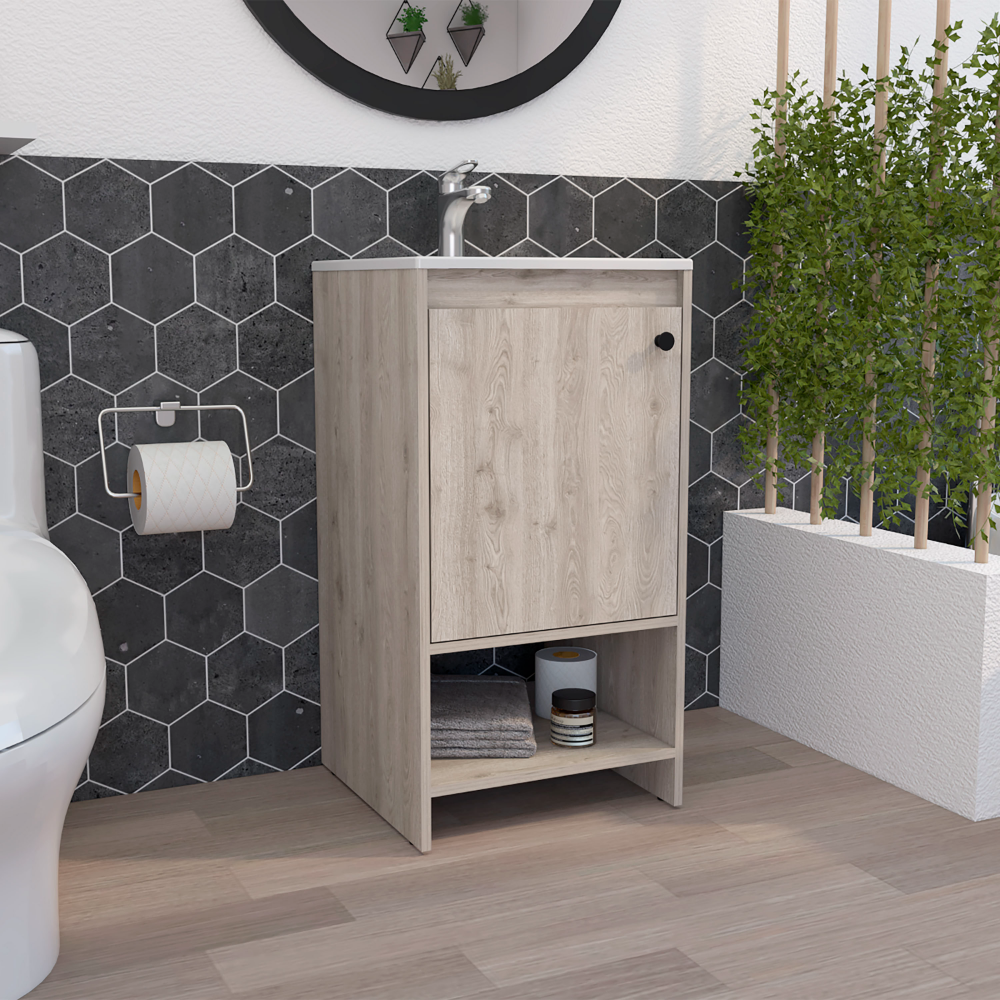 Light gray Poket Bathroom Vanity Cabinet with single door and two shelves, designed for modern bathrooms.