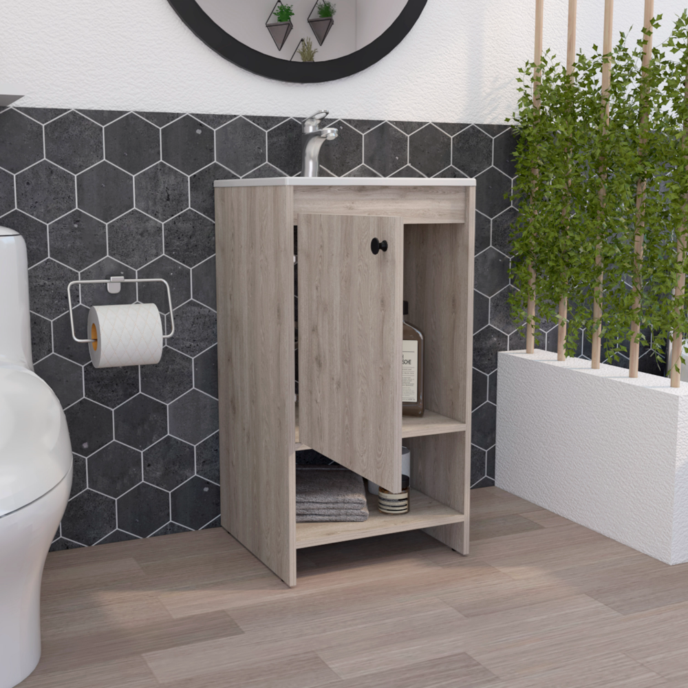 Light gray Poket Bathroom Vanity Cabinet with single door and two shelves, designed for modern bathrooms.