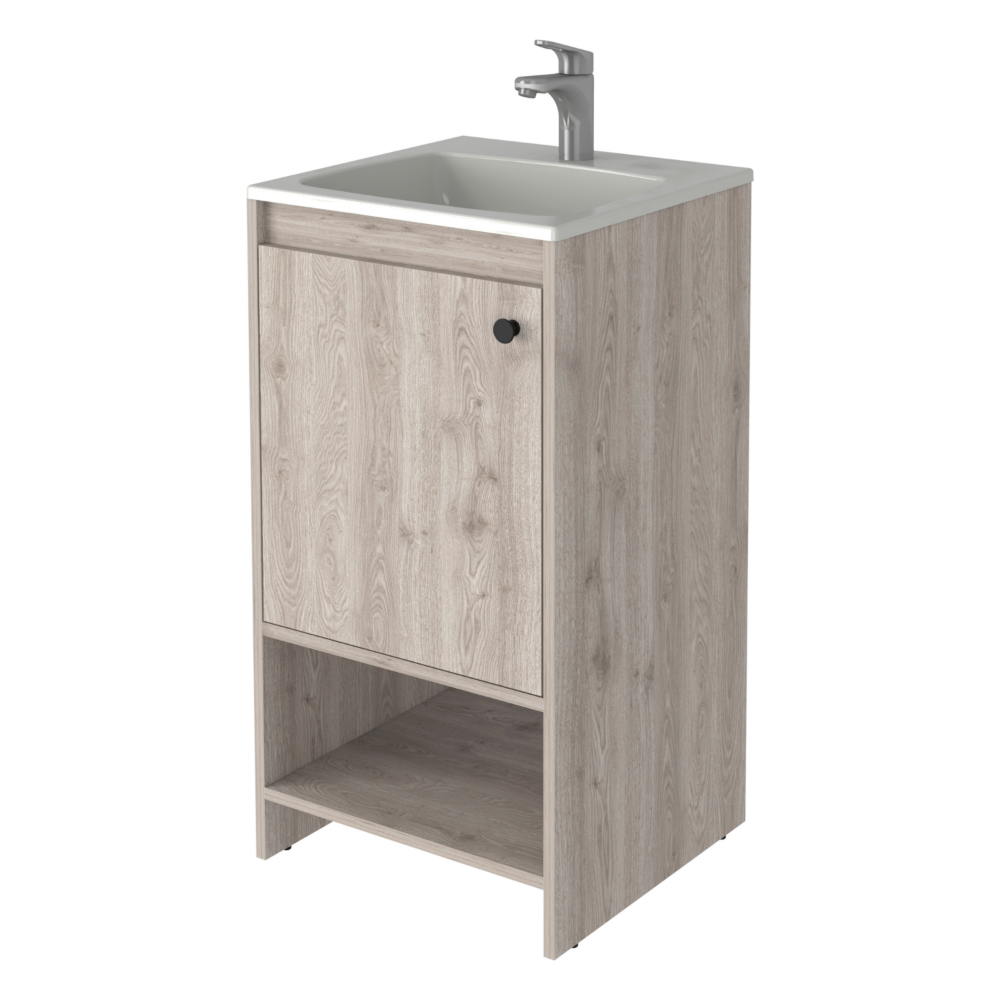 Light gray Poket Bathroom Vanity Cabinet with single door and two shelves, designed for modern bathrooms.