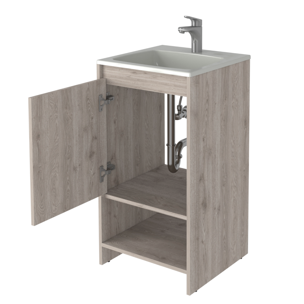 Light gray Poket Bathroom Vanity Cabinet with single door and two shelves, designed for modern bathrooms.