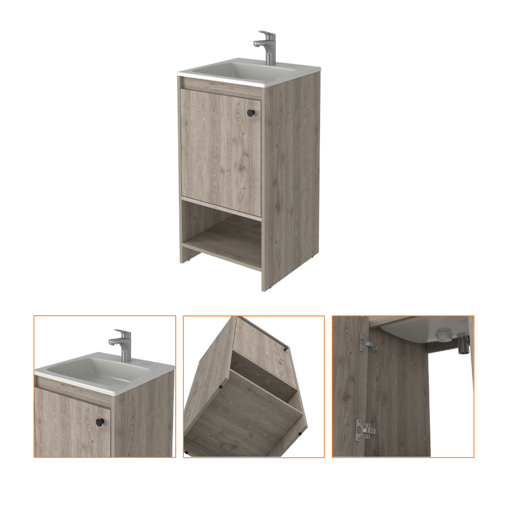 Light gray Poket Bathroom Vanity Cabinet with single door and two shelves, designed for modern bathrooms.