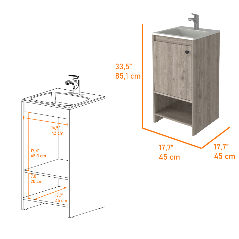 Light gray Poket Bathroom Vanity Cabinet with single door and two shelves, designed for modern bathrooms.