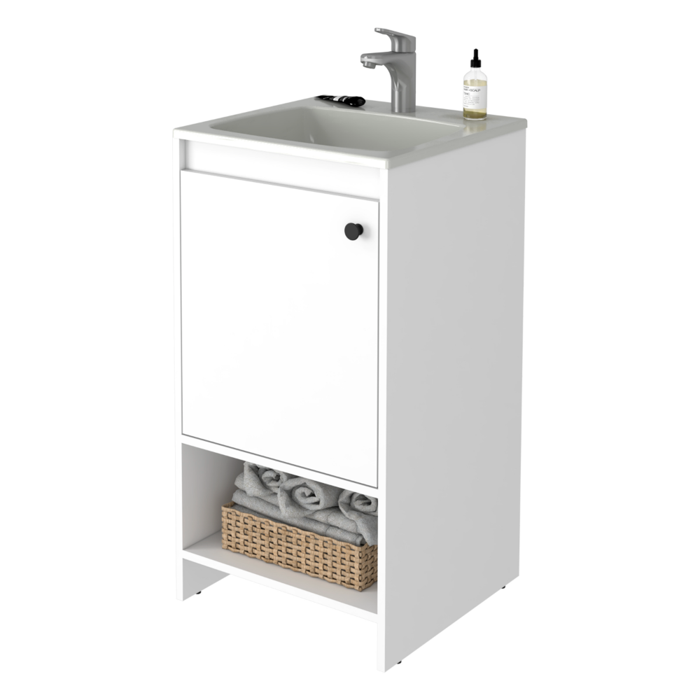 Poket Bathroom Vanity Cabinet in white finish with single door and two shelves, ideal for bathroom organization.