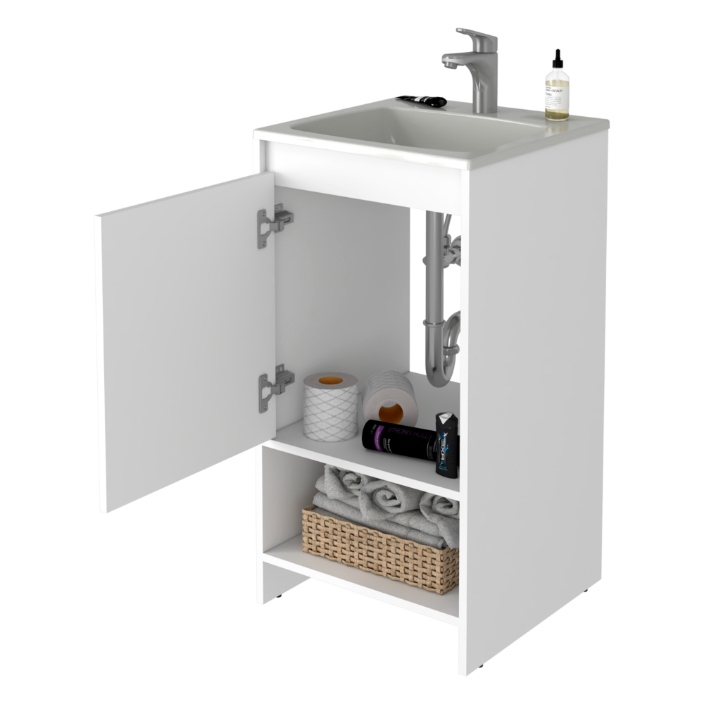 Poket Bathroom Vanity Cabinet in white finish with single door and two shelves, ideal for bathroom organization.