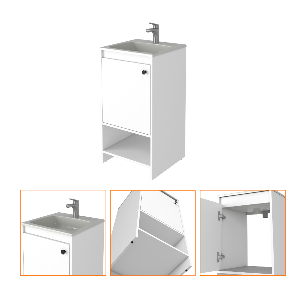 Poket Bathroom Vanity Cabinet in white finish with single door and two shelves, ideal for bathroom organization.