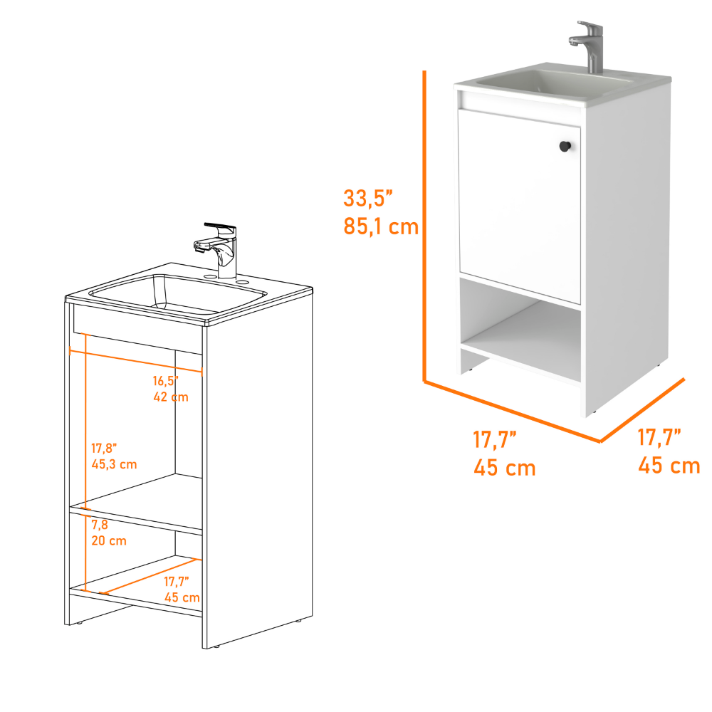 Poket Bathroom Vanity Cabinet in white finish with single door and two shelves, ideal for bathroom organization.