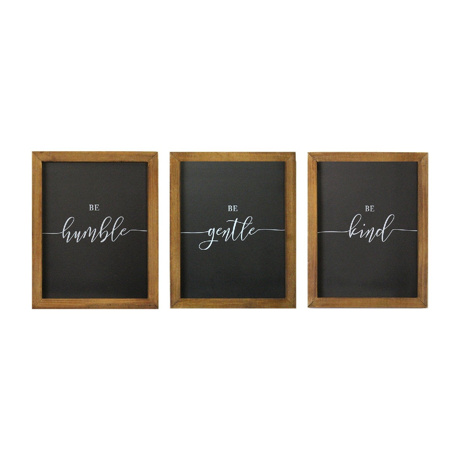 Set of 3 wooden wall art pieces featuring the phrases 'Be Kind', 'Be Gentle', and 'Be Humble' in a modern design.