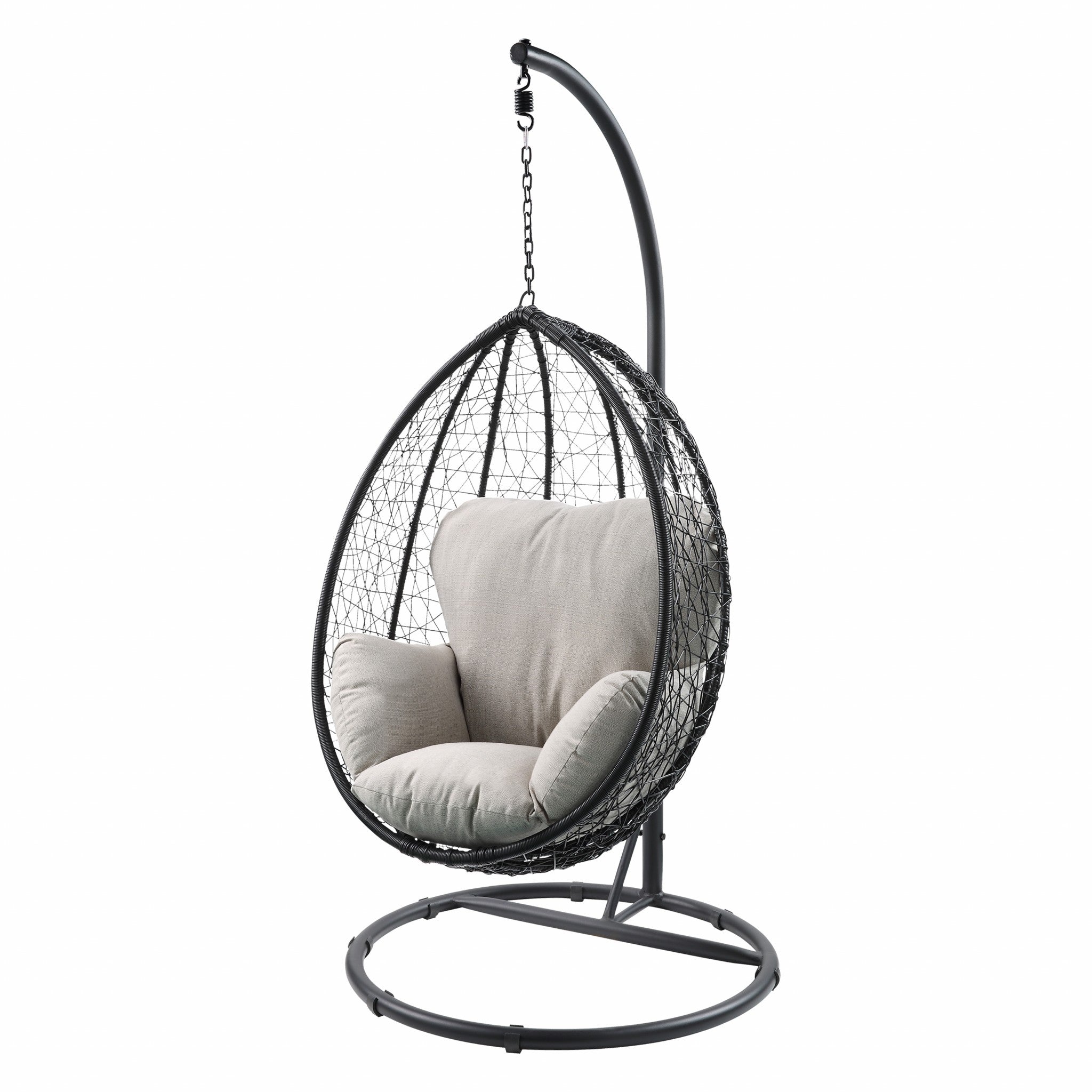 Beige and Black Hanging Pod Wicker Patio Swing Chair with soft cushions, designed for outdoor relaxation.