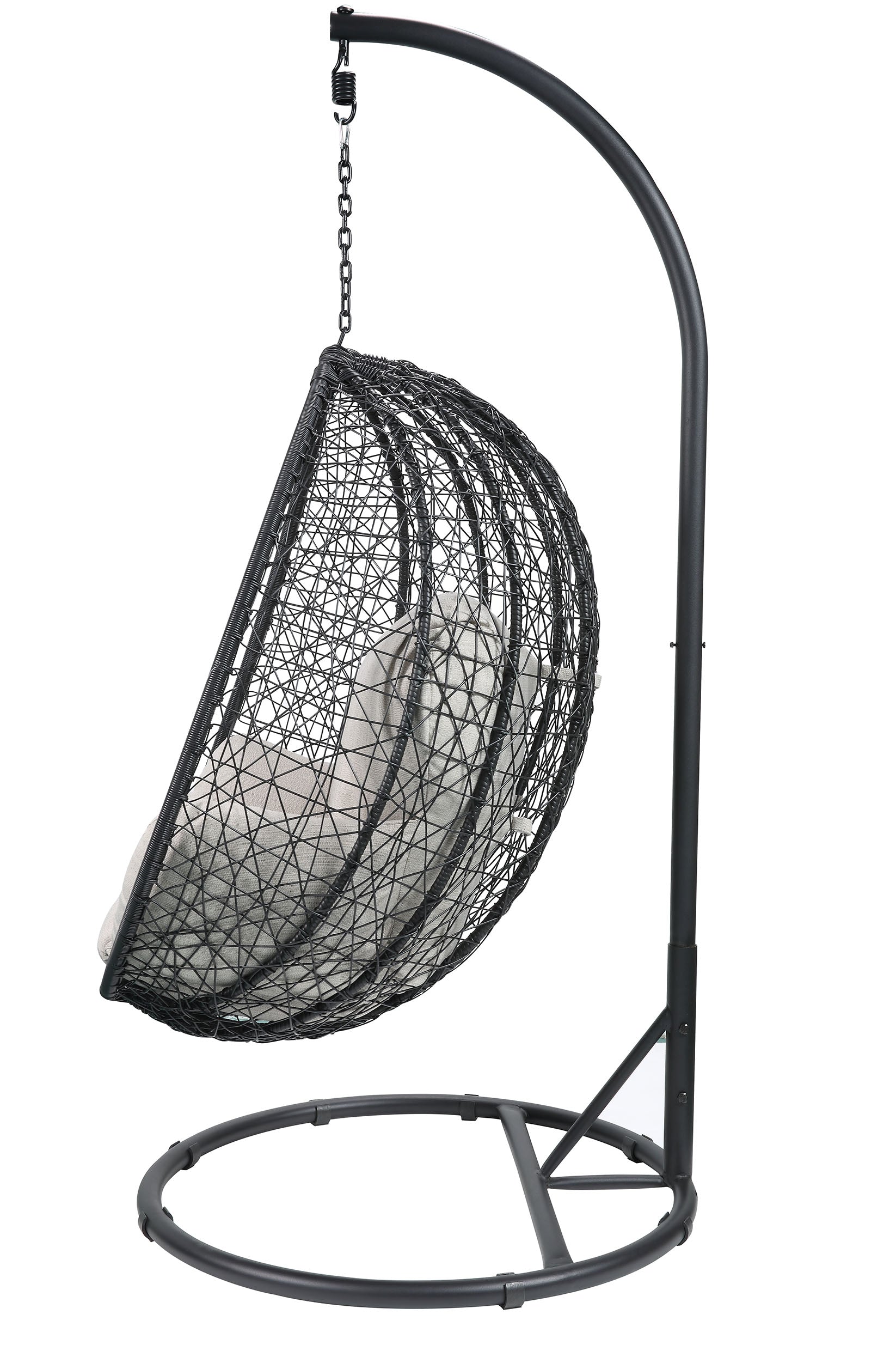 Beige and Black Hanging Pod Wicker Patio Swing Chair with soft cushions, designed for outdoor relaxation.