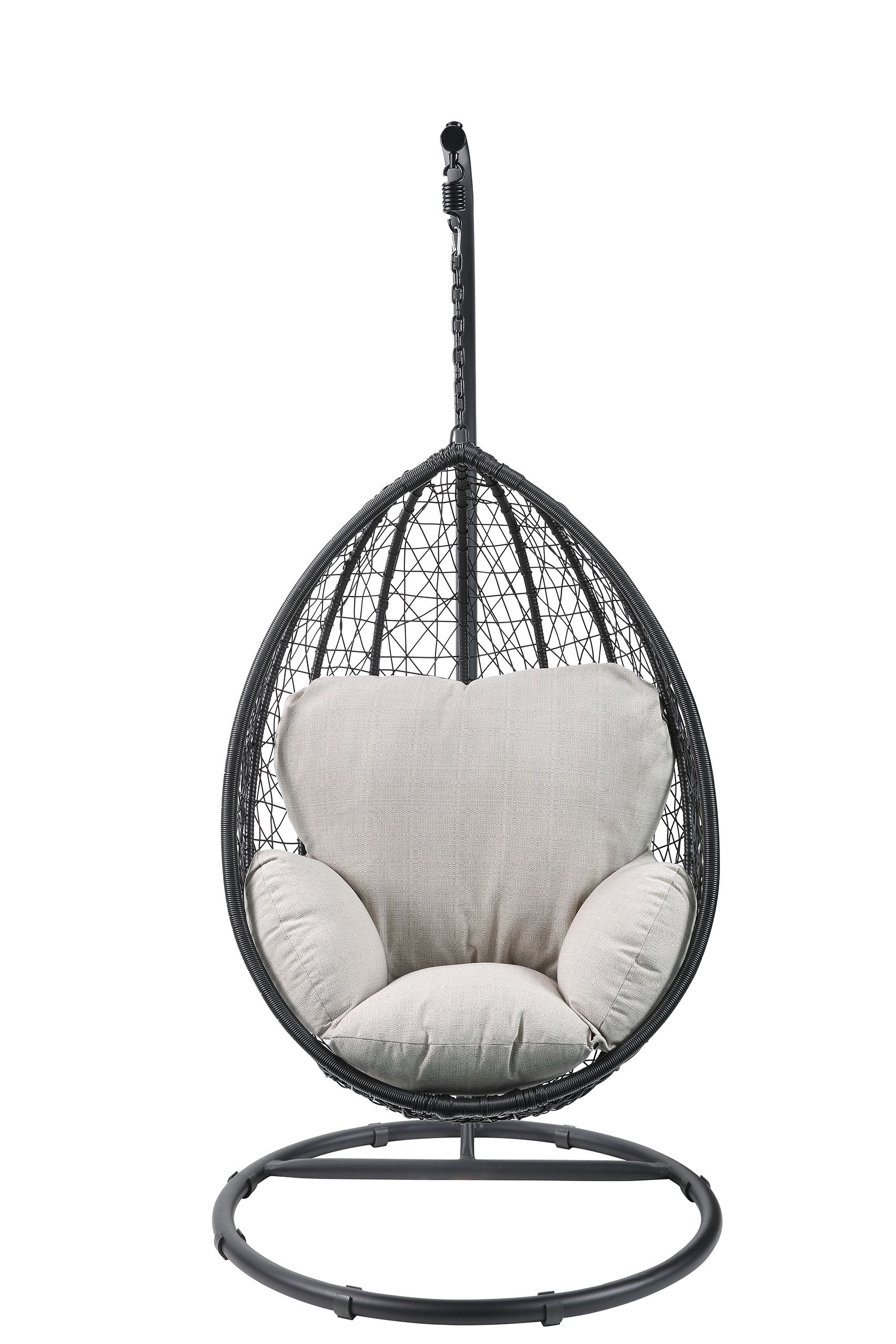 Beige and Black Hanging Pod Wicker Patio Swing Chair with soft cushions, designed for outdoor relaxation.