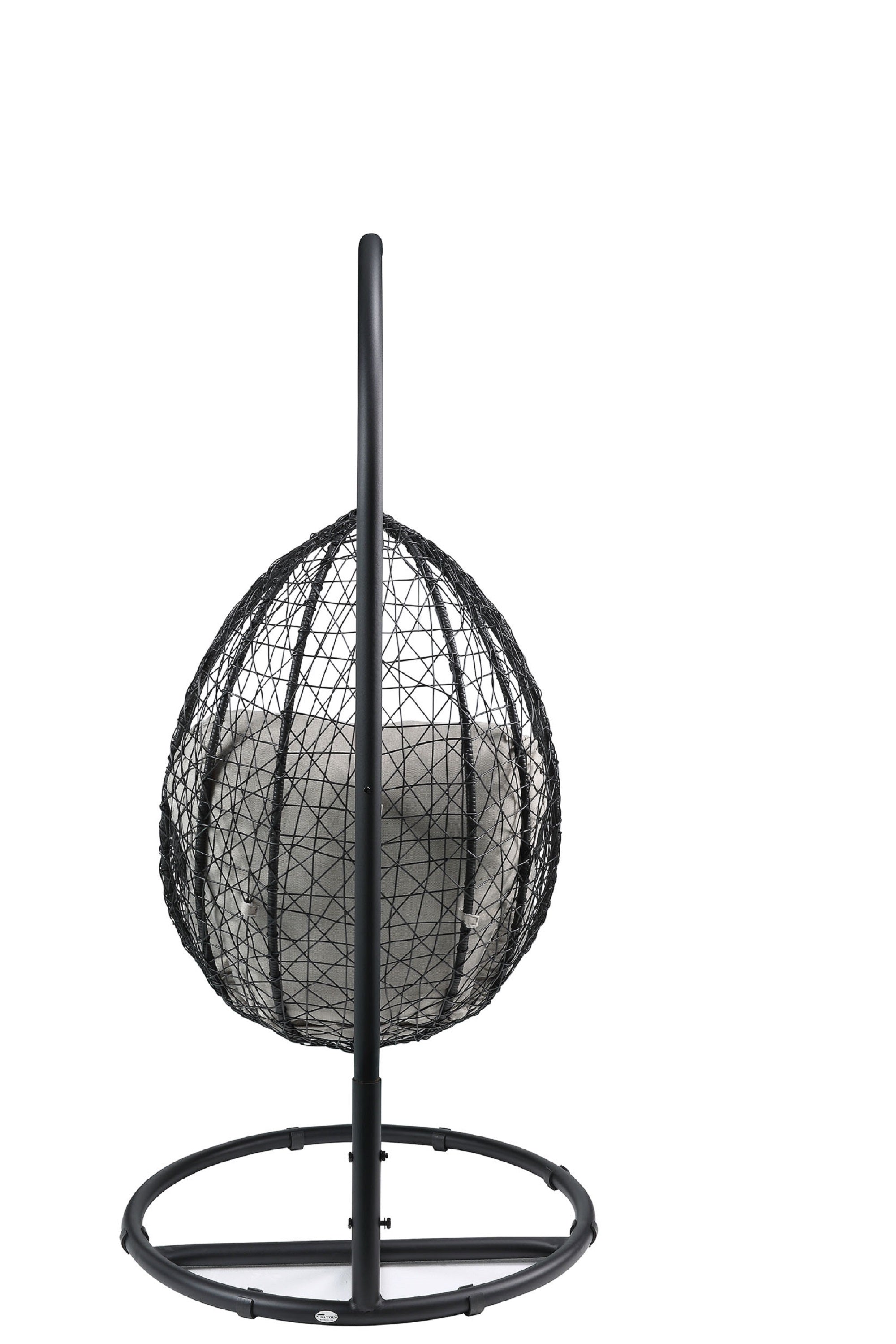 Beige and Black Hanging Pod Wicker Patio Swing Chair with soft cushions, designed for outdoor relaxation.