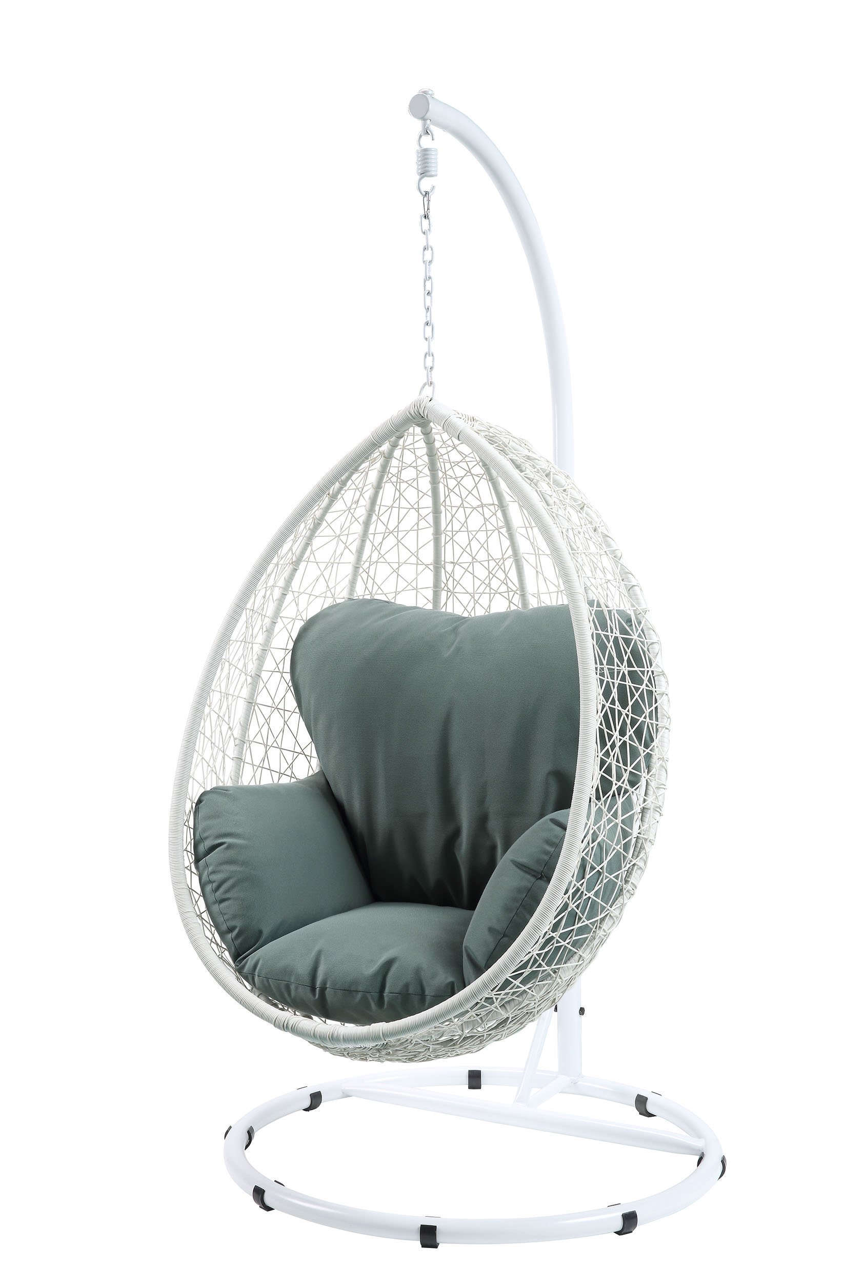 Beige and Black Hanging Pod Wicker Patio Swing Chair with soft cushions, designed for outdoor relaxation.