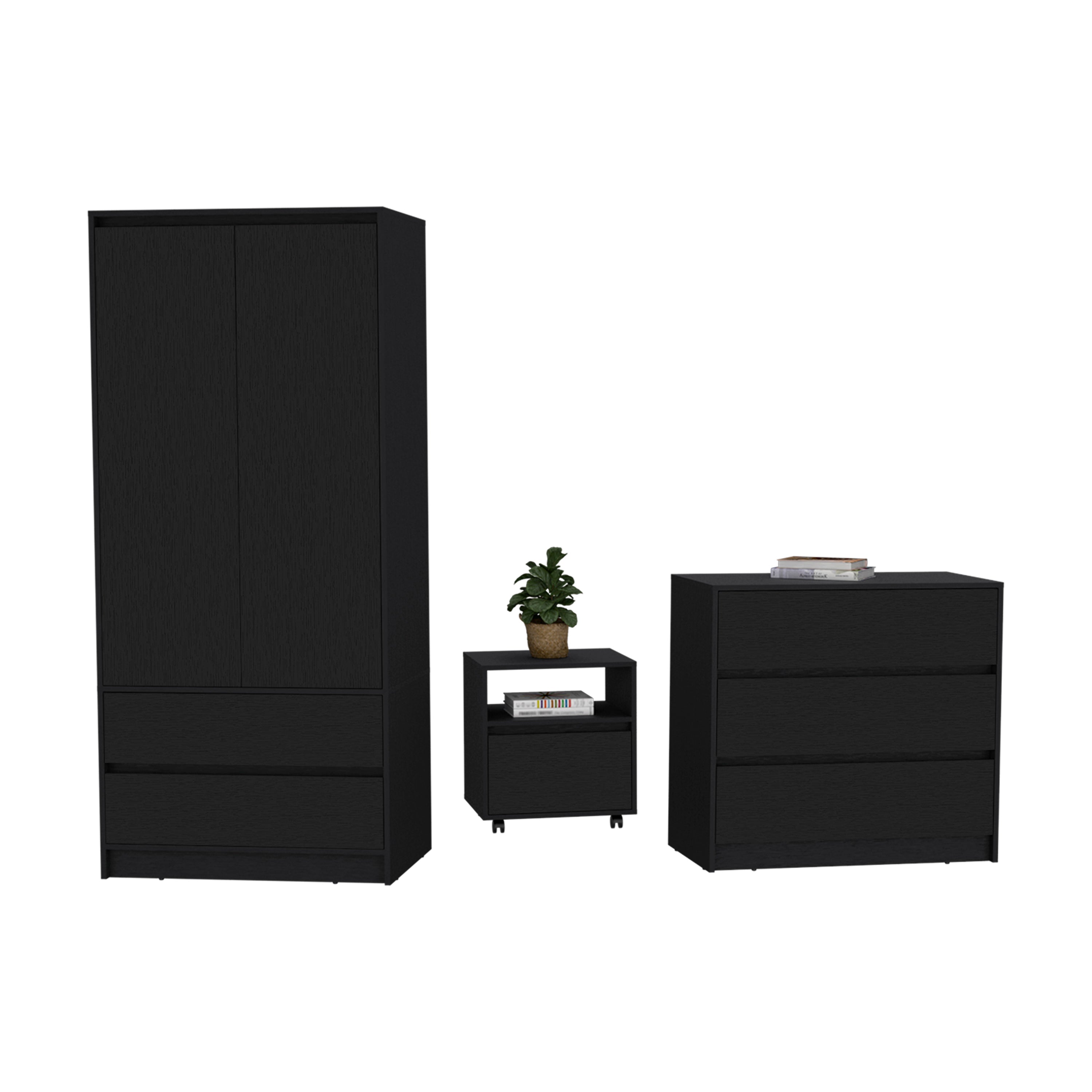 Beloit 3 Piece Bedroom Set in black featuring a nightstand, dresser, and armoire, showcasing sleek design and sturdy wood construction.