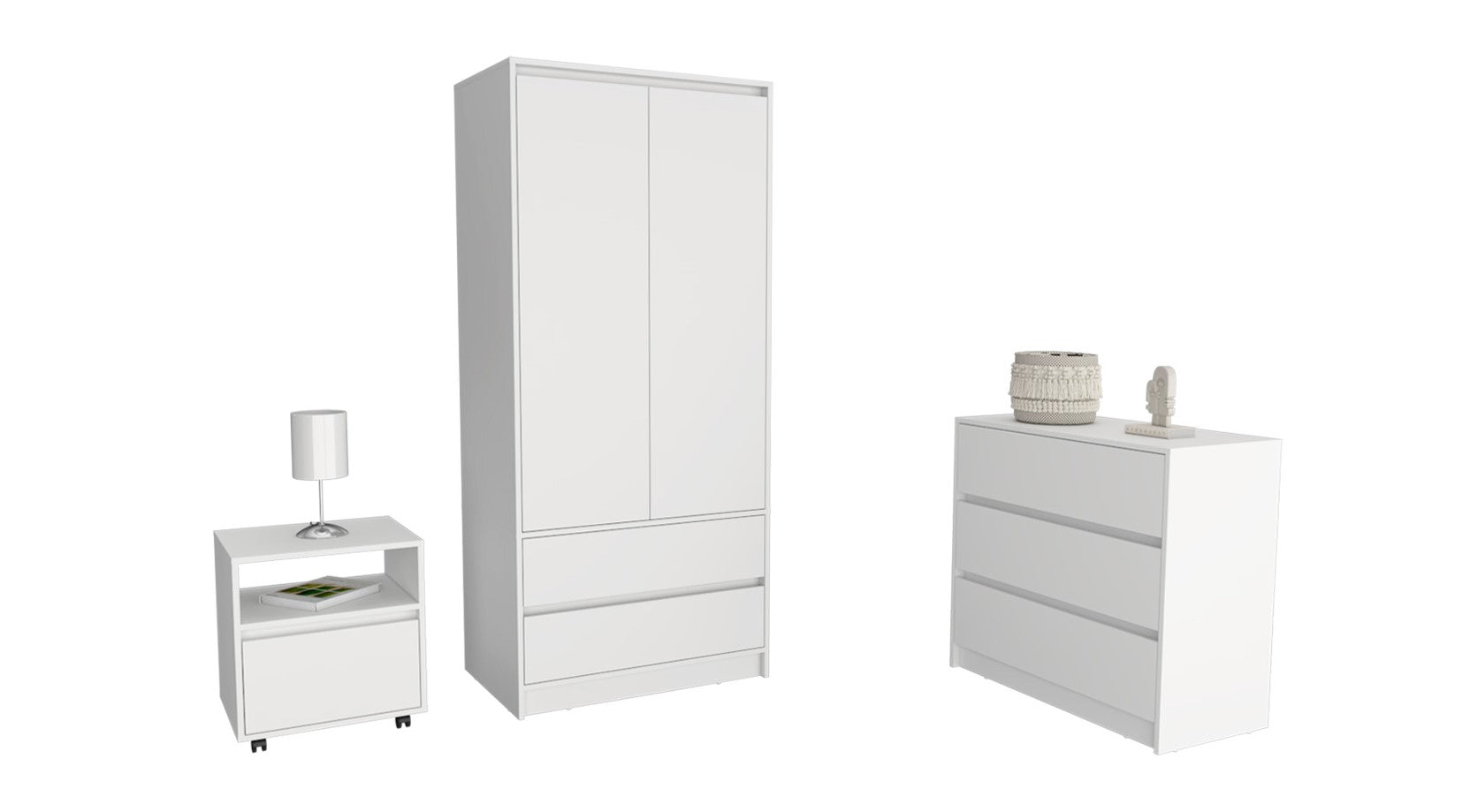 Beloit 3 Piece Bedroom Set featuring a white nightstand, dresser, and armoire, showcasing elegant design and sturdy construction.