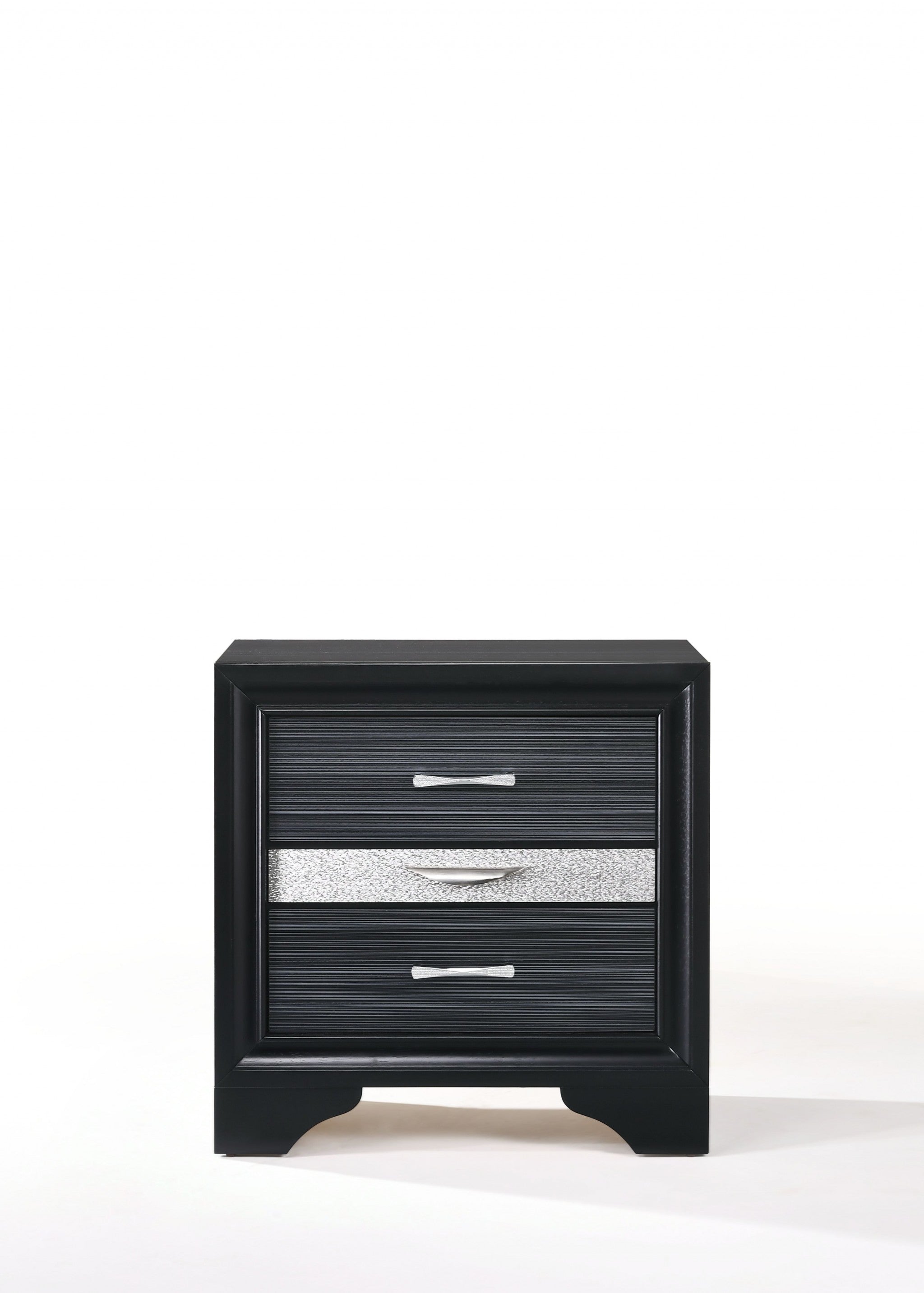 Black and Bling Nightstand with three drawers and crystal-like inserts, showcasing a contemporary design.