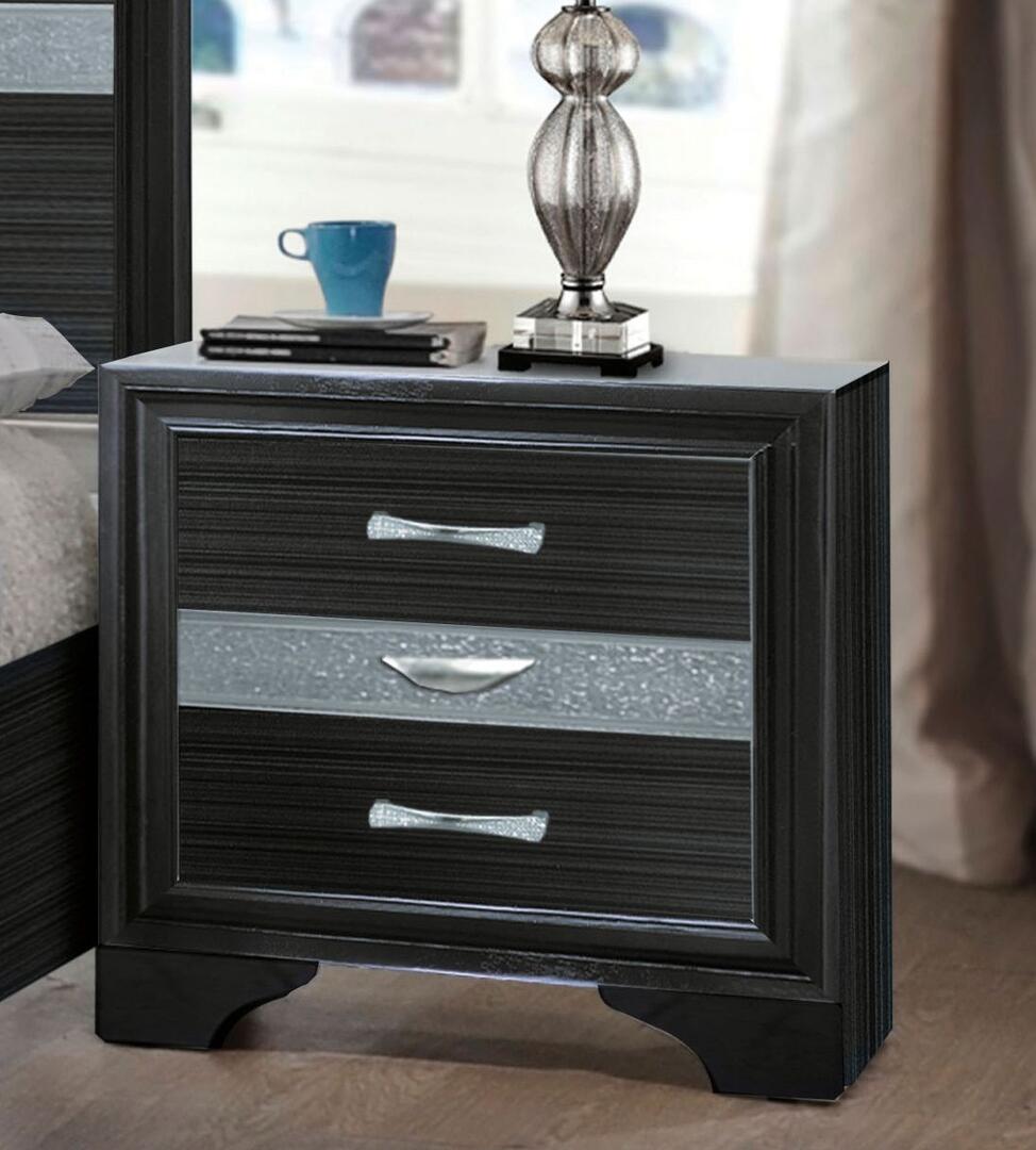 Black and Bling Nightstand with three drawers and crystal-like inserts, showcasing a contemporary design.