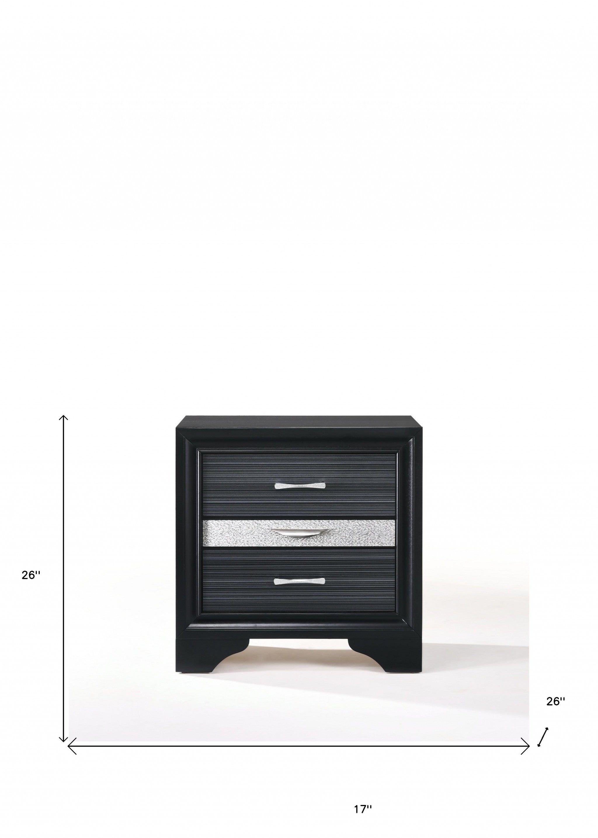 Black and Bling Nightstand with three drawers and crystal-like inserts, showcasing a contemporary design.