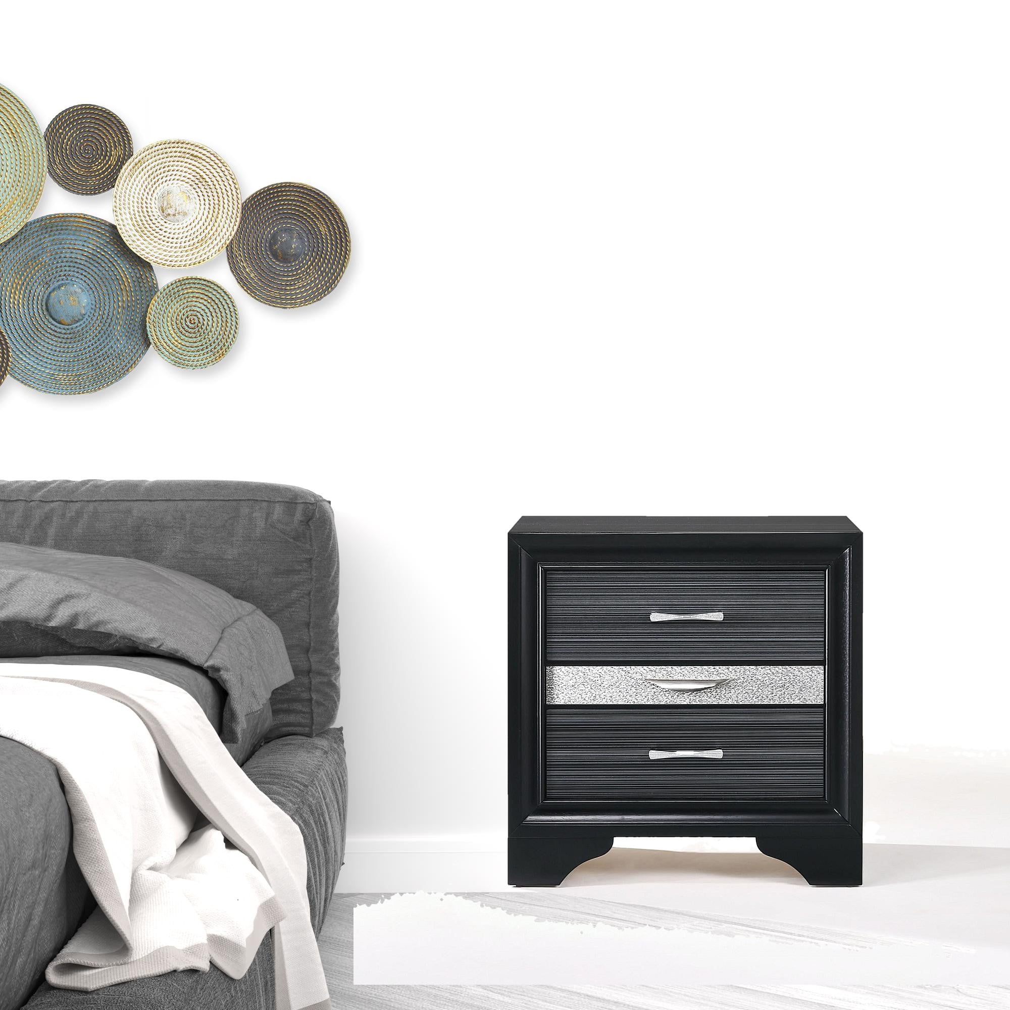 Black and Bling Nightstand with three drawers and crystal-like inserts, showcasing a contemporary design.