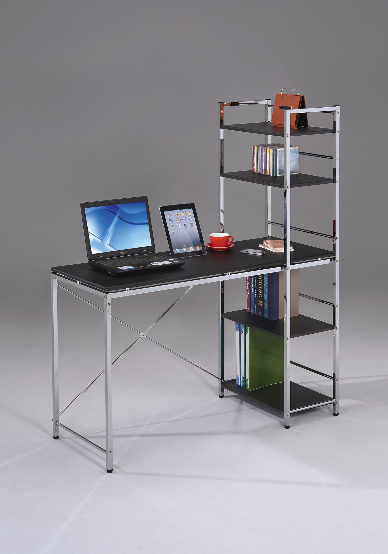 Black and chrome computer desk with a sleek design and organizing shelves, perfect for modern office or home use.