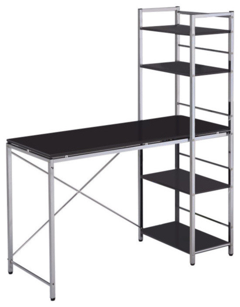 Black and chrome computer desk with a sleek design and organizing shelves, perfect for modern office or home use.