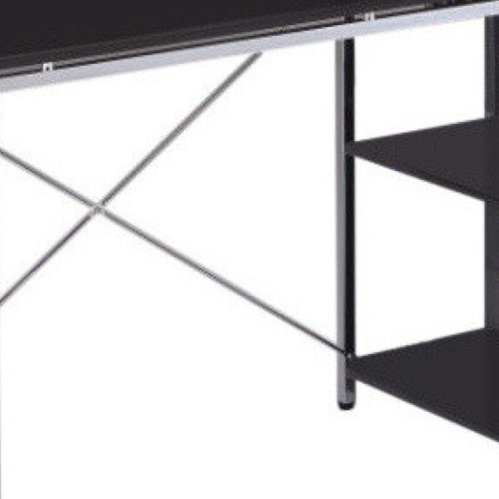 Black and chrome computer desk with a sleek design and organizing shelves, perfect for modern office or home use.