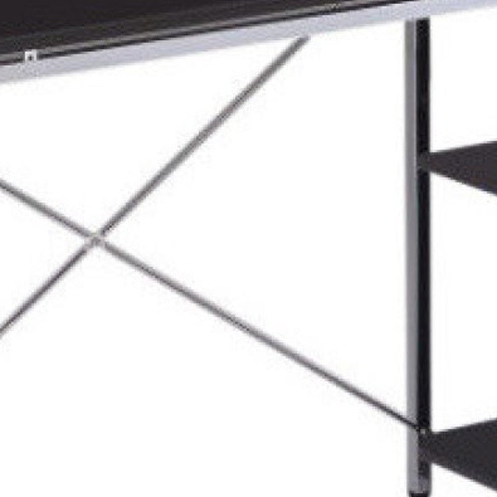 Black and chrome computer desk with a sleek design and organizing shelves, perfect for modern office or home use.