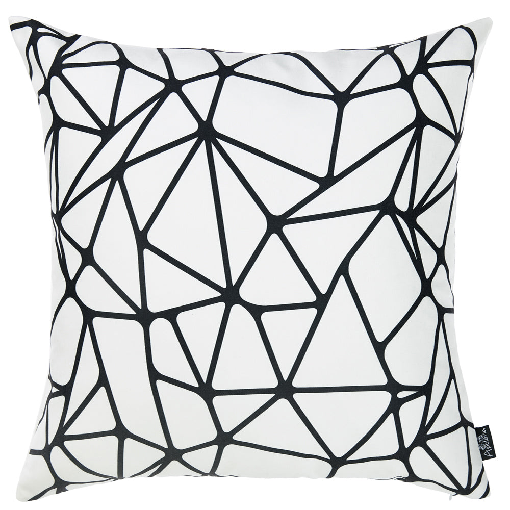 Black and white abstract geometric decorative throw pillow cover with hidden zipper and solid white back.