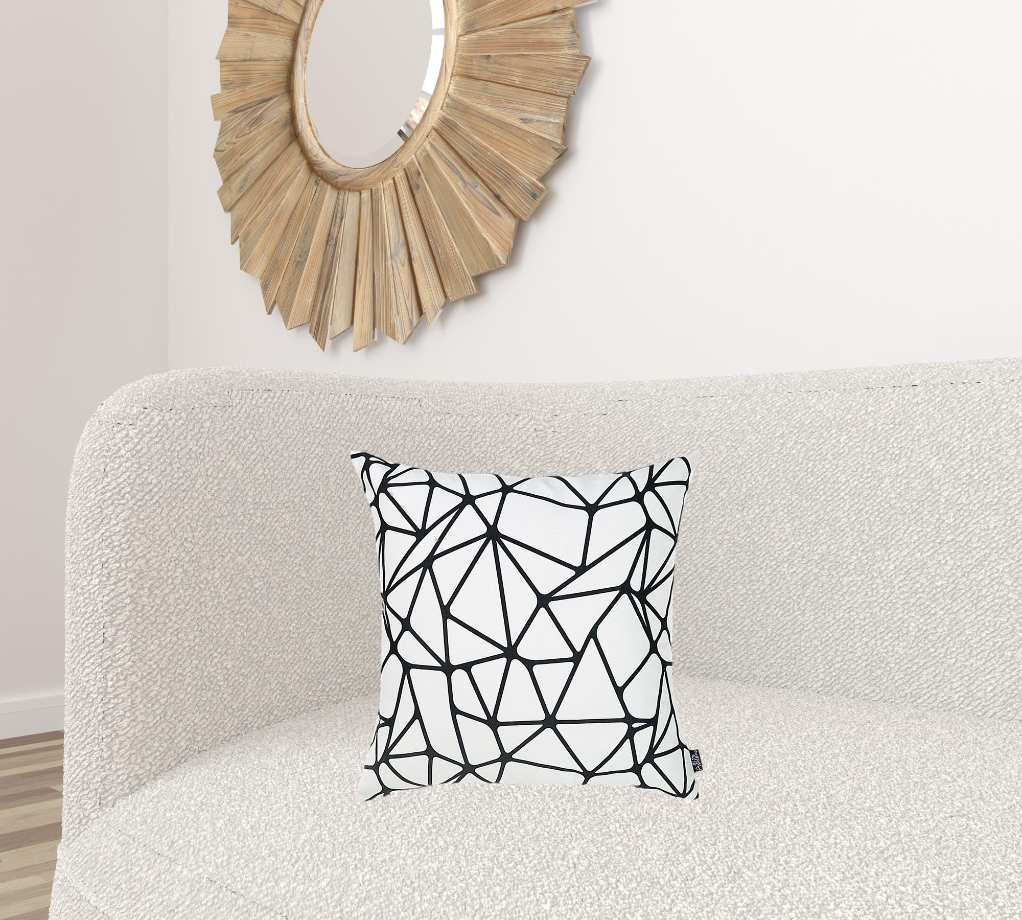 Black and white abstract geometric decorative throw pillow cover with hidden zipper and solid white back.