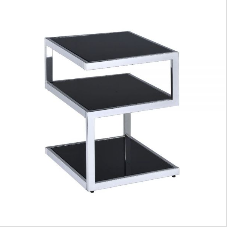 Black Glass and Chrome 3 Tier Shelves End Table showcasing a modern design with three shelves and a mirrored top.