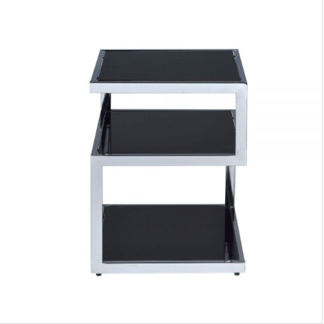 Black Glass and Chrome 3 Tier Shelves End Table showcasing a modern design with three shelves and a mirrored top.