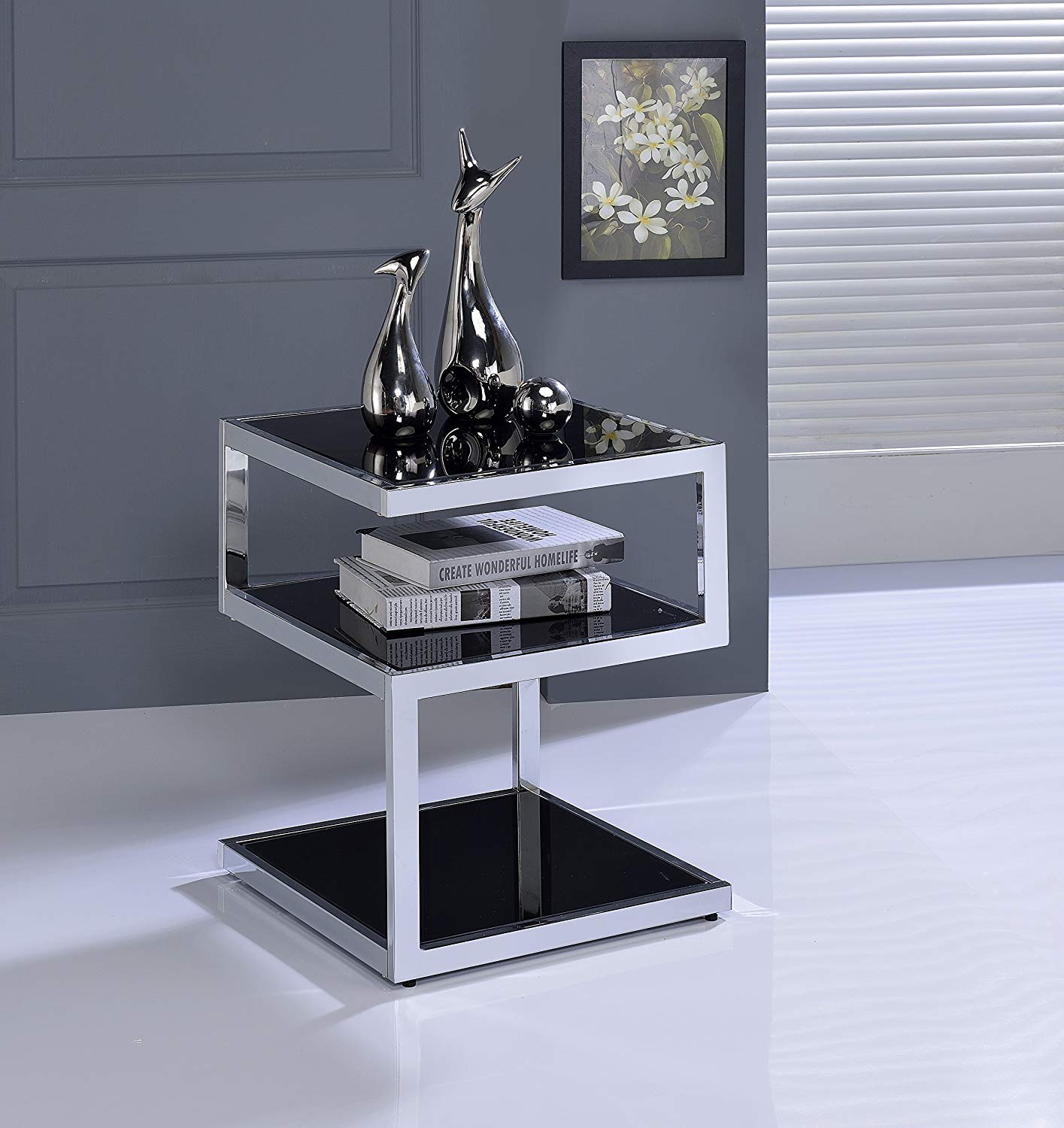 Black Glass and Chrome 3 Tier Shelves End Table showcasing a modern design with three shelves and a mirrored top.